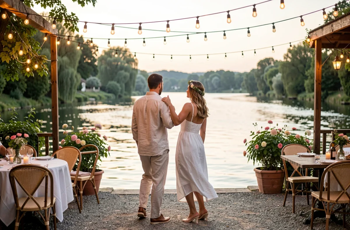 Couple dansant dans une guinguette au bord de l'eau en tenues claires