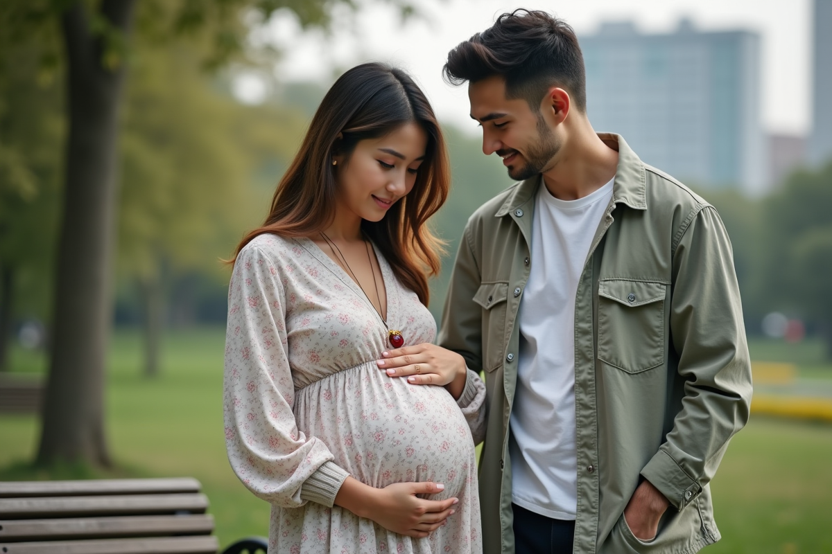 Couple enceinte dans un parc urbain en plein air