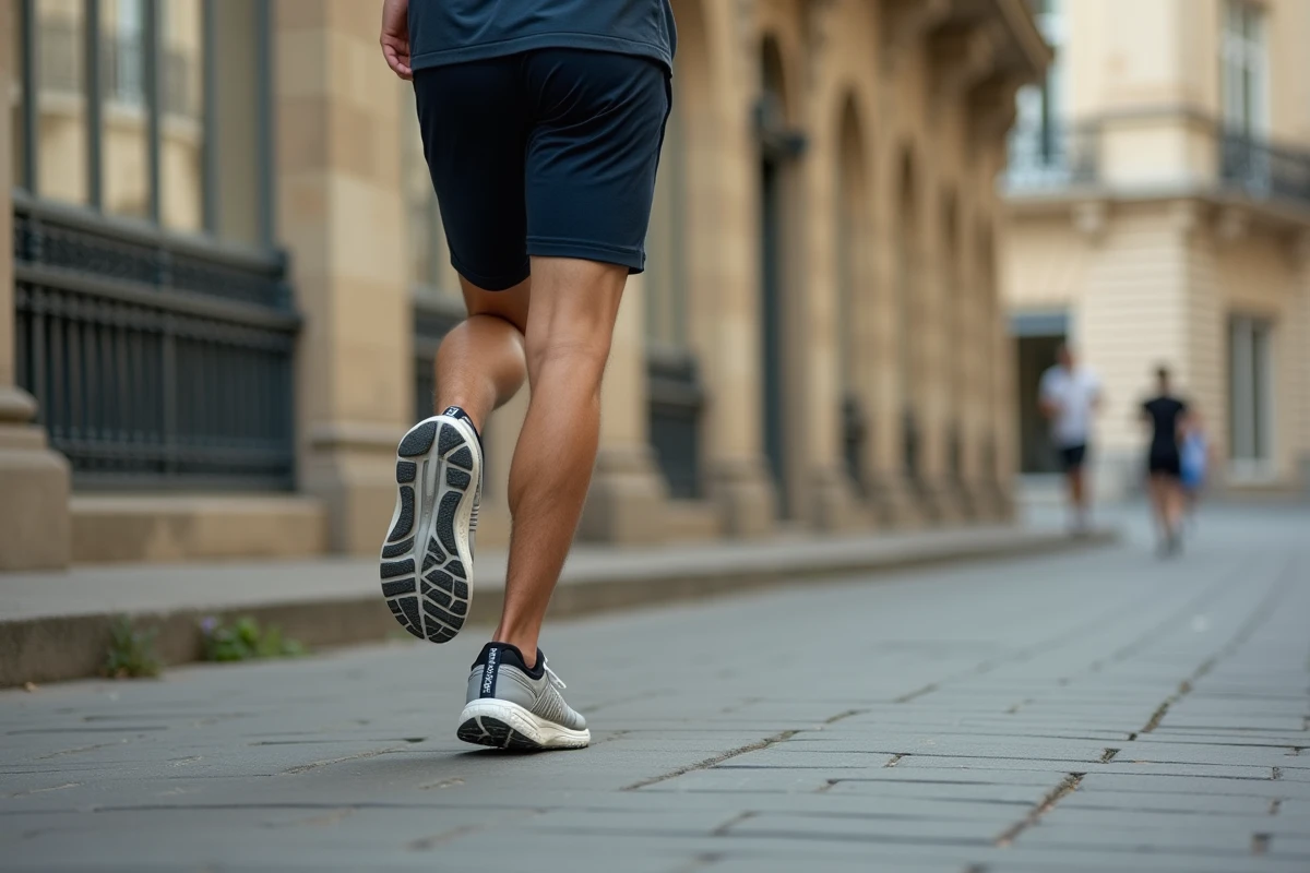 Coureur portant des baskets de marque française lors d'un jogging sur un chemin urbain parisien