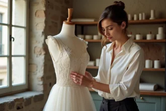 Couturière en atelier à Reims épinglant une robe de mariée en dentelle ivoire sur un mannequin de couture