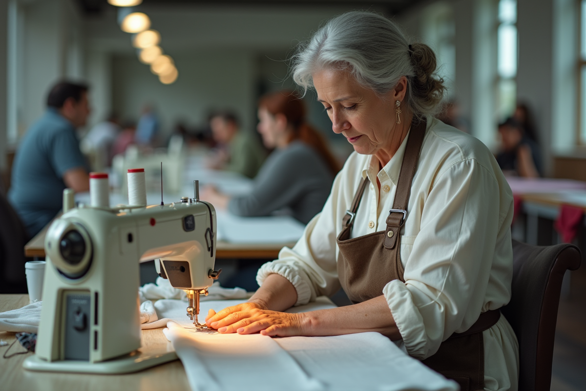 Couturiere couseuse dans un atelier textile spacieux
