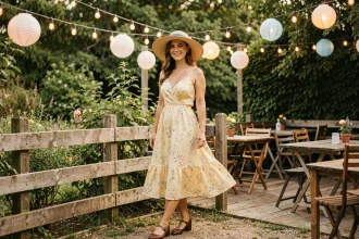Femme en robe mi-longue fleurie et chapeau de paille dans un décor de guinguette avec lampions et végétation