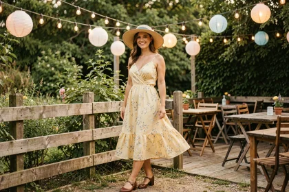 Femme en robe mi-longue fleurie et chapeau de paille dans un décor de guinguette avec lampions et végétation