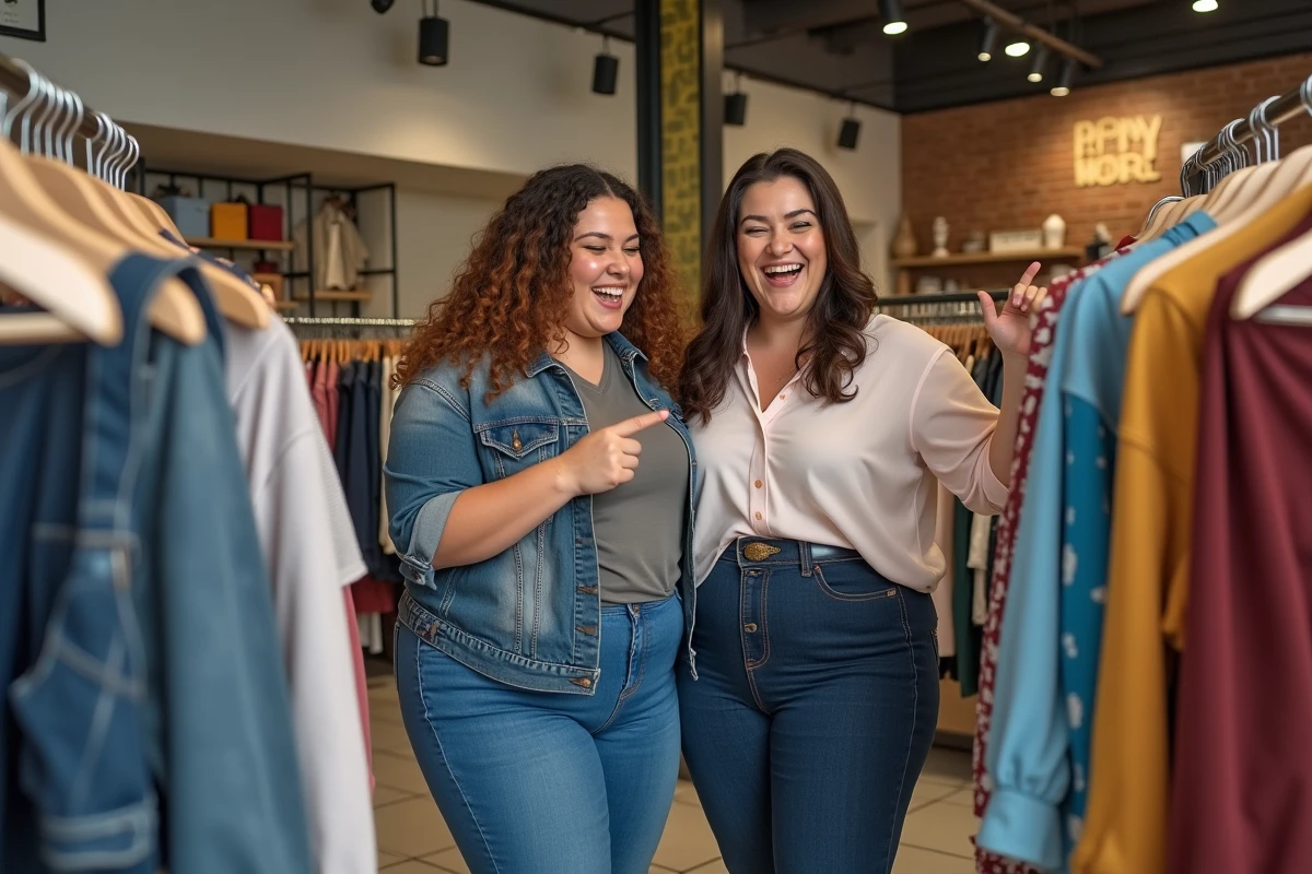 Deux femmes aux morphologies rondes riant ensemble en choisissant des vêtements dans une boutique, en comparant les tailles sur les étiquettes
