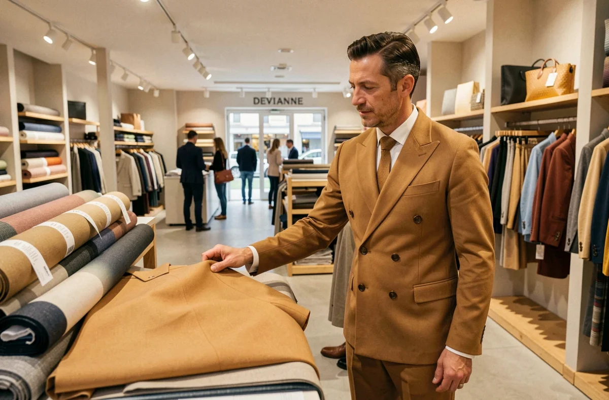 Un homme en costume camel double boutonnage dans un magasin Devianne textile et mode