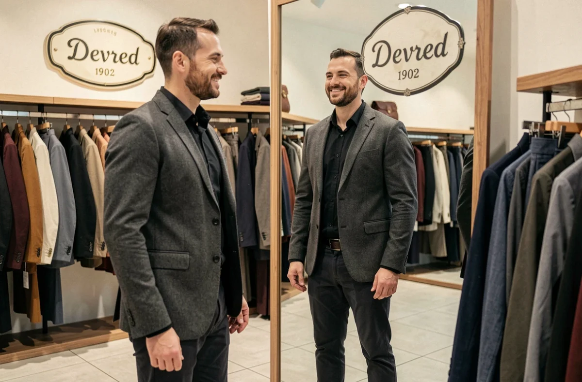 Un homme essayant un blazer dans la boutique Devred 1902, magasin de costumes pour homme