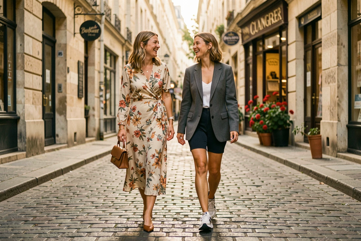 Deux amies aux styles vestimentaires différents et complémentaires marchant et riant dans le quartier du Marais à Paris, inspirant à oser son propre look au quotidien