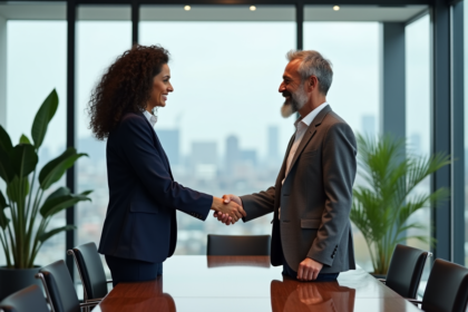 Deux professionnels se serrent la main dans un bureau moderne