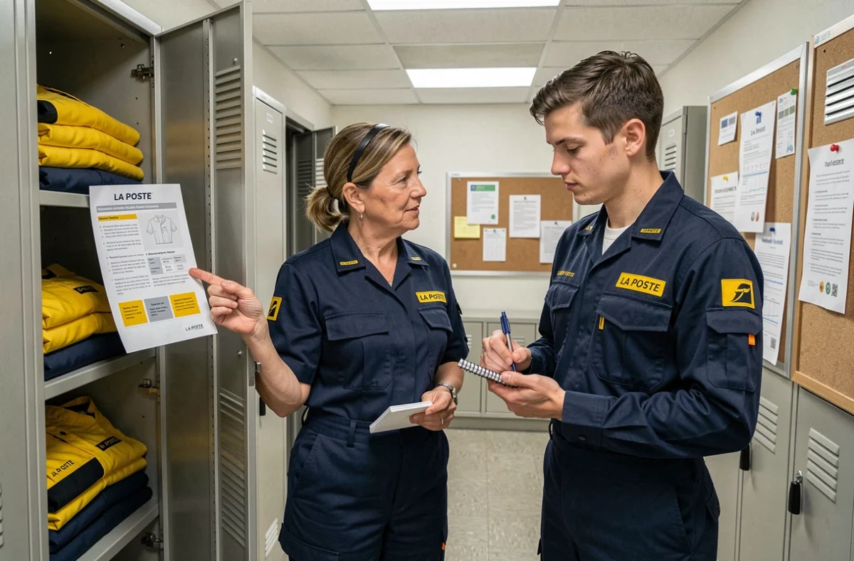 Deux employés La Poste dans un vestiaire discutant des procédures d'habillement pour les nouveaux arrivants