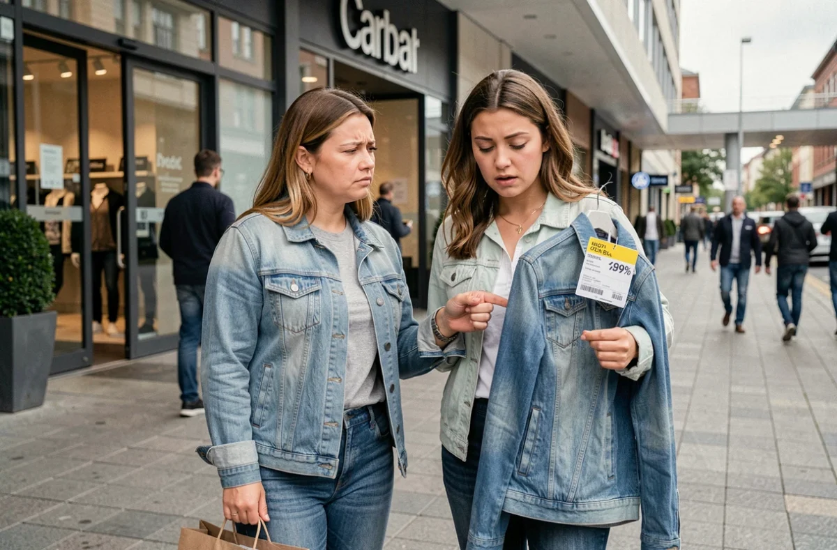 Deux femmes découvrant une erreur d'achat sur une veste de marque devant un centre commercial