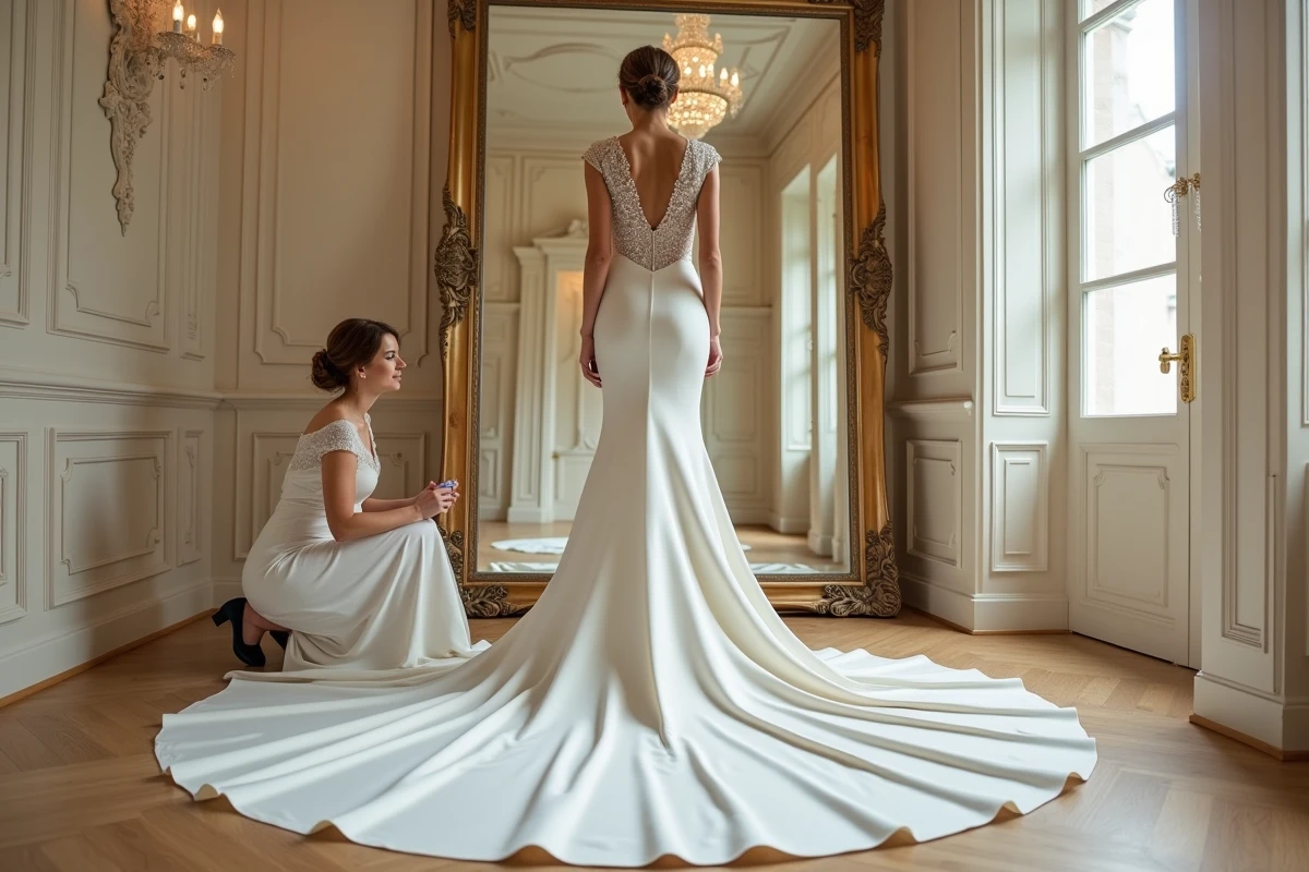 Jeune mariée en essayage de robe dans une boutique de couture à Reims avec une couturière ajustant l'ourlet