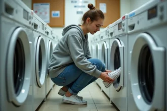 Étudiante plaçant des baskets blanches dans un lave-linge en résidence universitaire