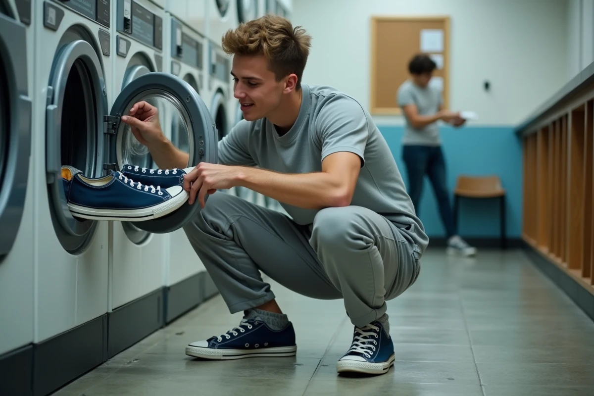 Étudiant sortant ses baskets propres du lave-linge dans une laverie de résidence universitaire