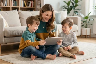 Mère et enfants parcourant la boutique Kiabi en ligne sur une tablette dans un salon familial moderne
