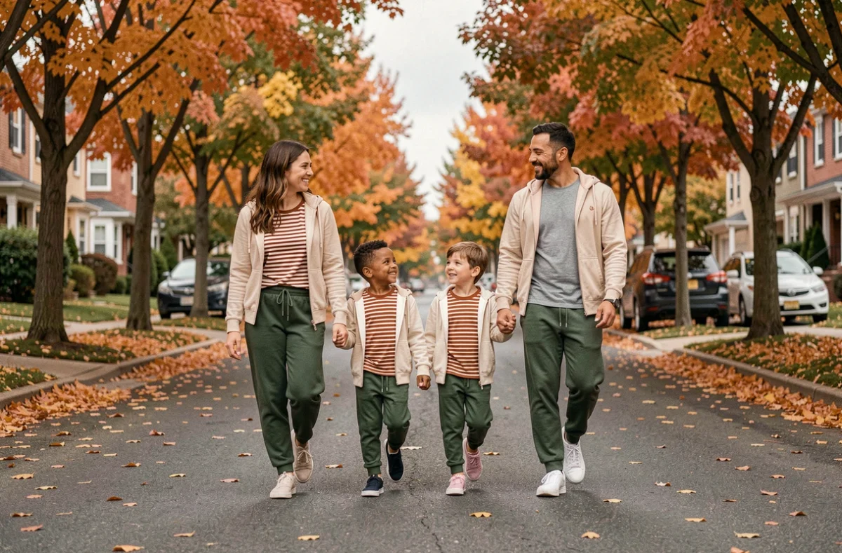 Famille habillée en tenues Kiabi coordonnées se promenant dans une rue résidentielle en automne