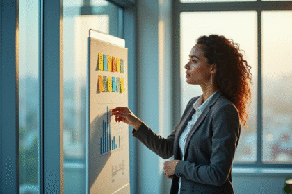 Femme d'affaires dans un bureau moderne présentant un tableau coloré