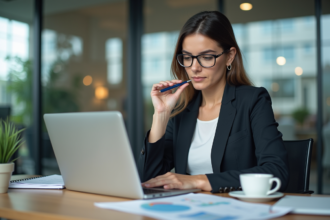 Femme concentrée analysant des graphiques dans un bureau moderne