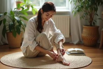 Femme en intérieur posant avec un bracelet à la cheville