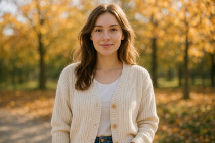 Femme debout en automne avec cardigan crème et feuilles