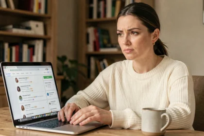 Femme consultant des avis clients en ligne sur un bijou avant un achat, assise à un bureau en bois avec un ordinateur portable