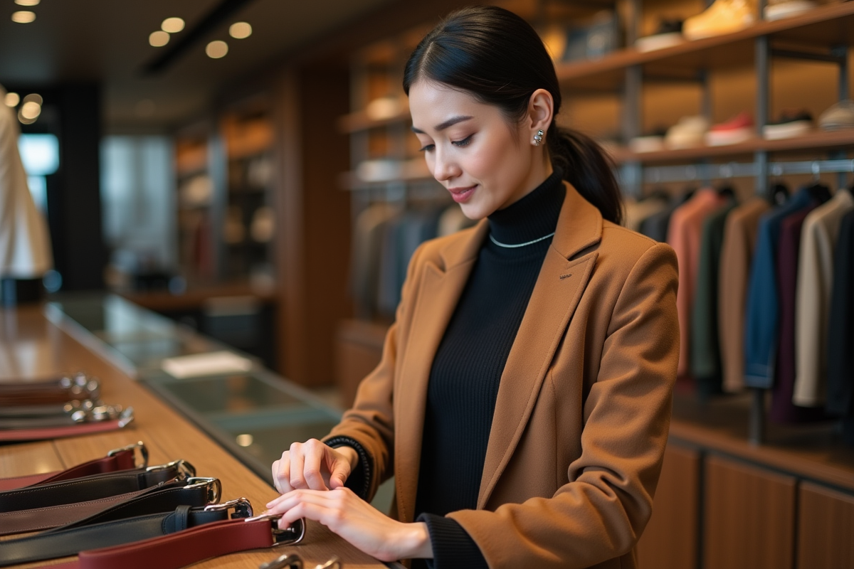 Femme examinant ceintures en boutique élégante