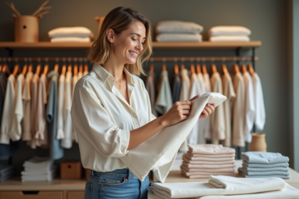 Femme sélectionnant un vêtement en coton bio dans une boutique