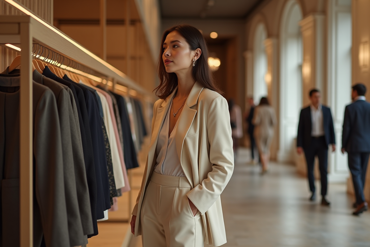 Femme élégante regardant vêtements de luxe en boutique