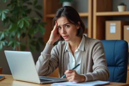 Femme au bureau regardant un écran d'erreur de connexion