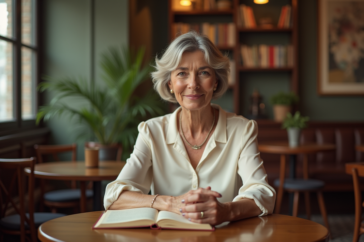 Femme mature lisant dans un café cosy et décoré