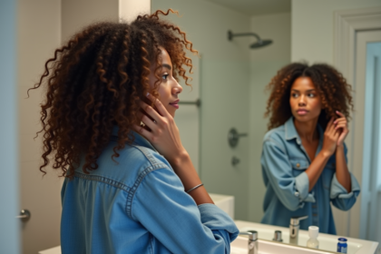 Femme aux cheveux bouclés regardant dans le miroir
