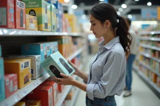 Jeune femme examine deux appareils en magasin