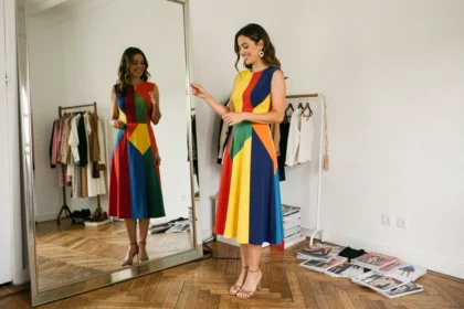 Femme confiante devant un miroir dans un appartement parisien portant une robe mi-longue color-block et des accessoires tendance, illustrant l'univers du blog mode Amoureusement Mode