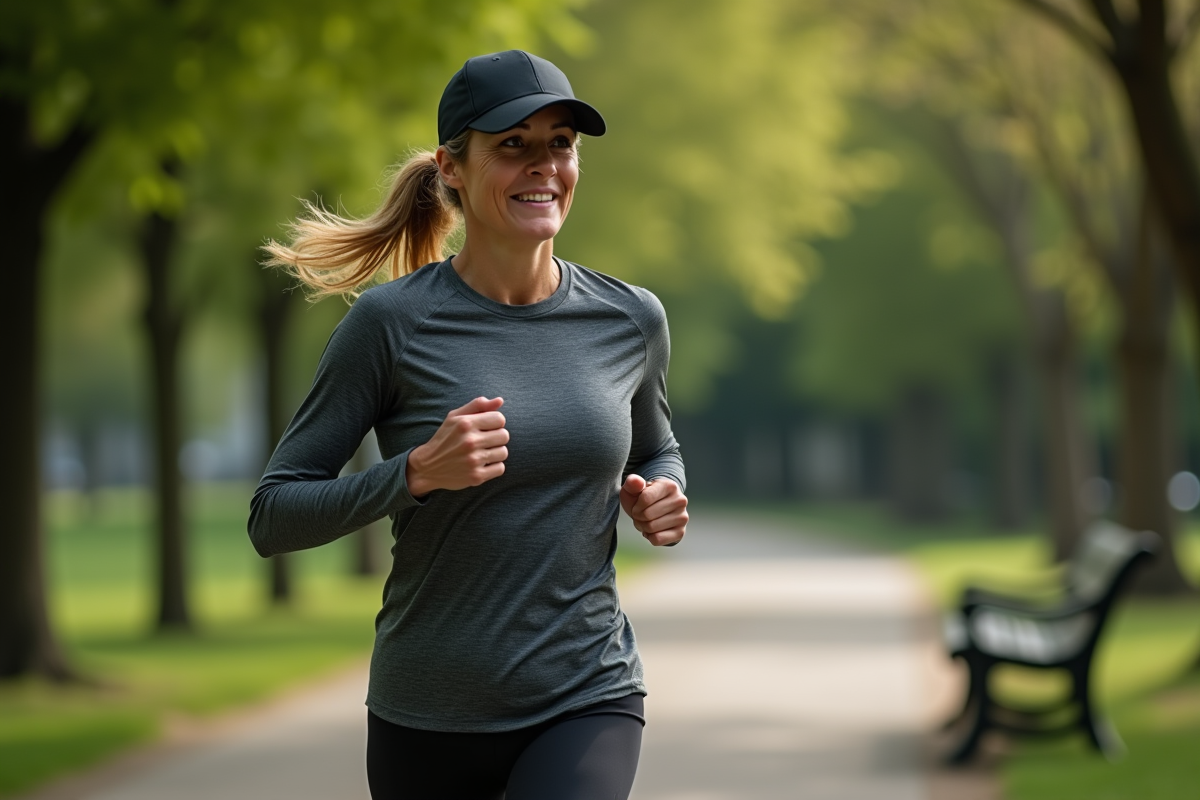Femme active courant dans un parc verdoyant en tenue de sport