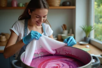 Femme en cuisine manipulant un tissu blanc dans un bain de teinture