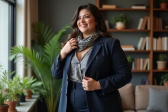 Femme élégante en blazer navy et foulard en soie