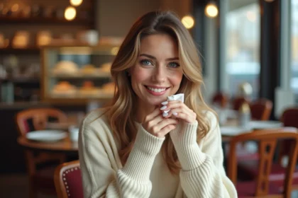 Femme élégante en café souriant après repas