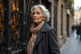 Femme élégante en manteau classique dans un quartier historique