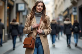 Femme élégante en manteau beige et jeans dans la ville