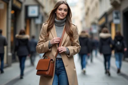 Femme élégante en manteau beige et jeans dans la ville
