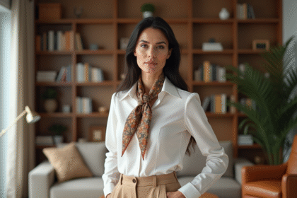Femme élégante portant un foulard en soie dans un intérieur moderne