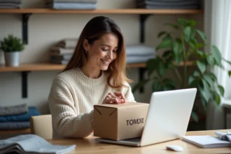 Femme emballant des vêtements dans un appartement moderne