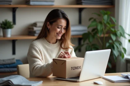 Femme emballant des vêtements dans un appartement moderne