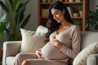 Femme enceinte avec bola dans un salon chaleureux