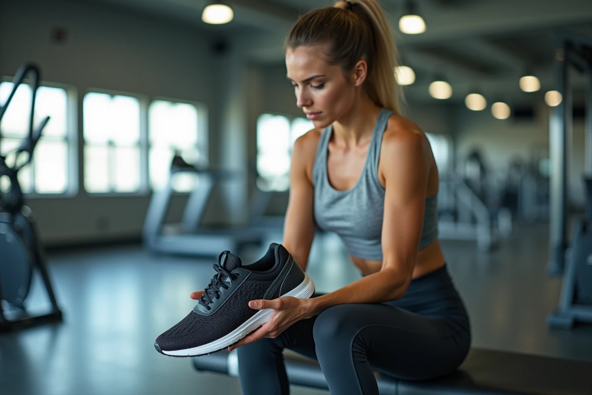 Femme examinant une basket française dans une salle de sport moderne, comparant la qualité de fabrication