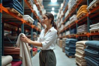 Femme curieuse dans un entrepôt de tissus colorés