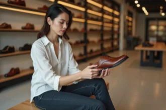 Femme lisant l'étiquette de pointure UK à l'intérieur d'une chaussure en cuir dans un magasin de chaussures moderne