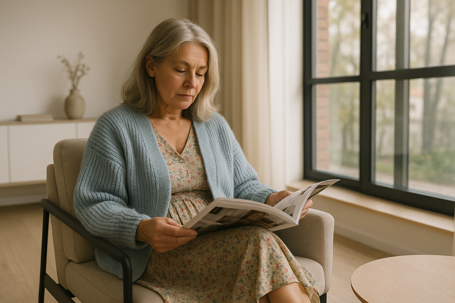 Femme lisant dans un salon moderne et cosy