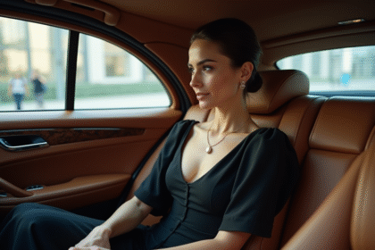 Femme élégante en robe noire dans une voiture de luxe