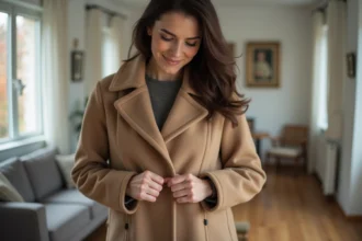 Femme examinant les poches d’un manteau en laine