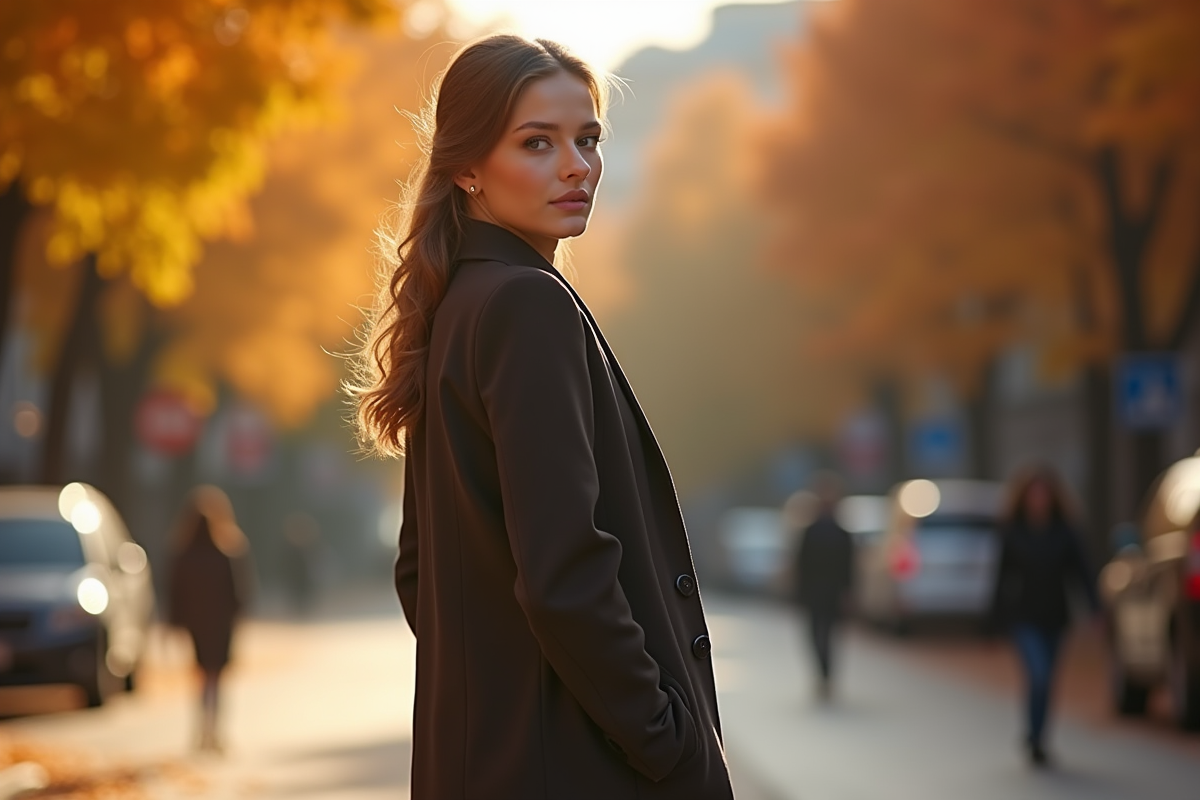 Femme en manteau élégant sur une rue automnale ensoleillée